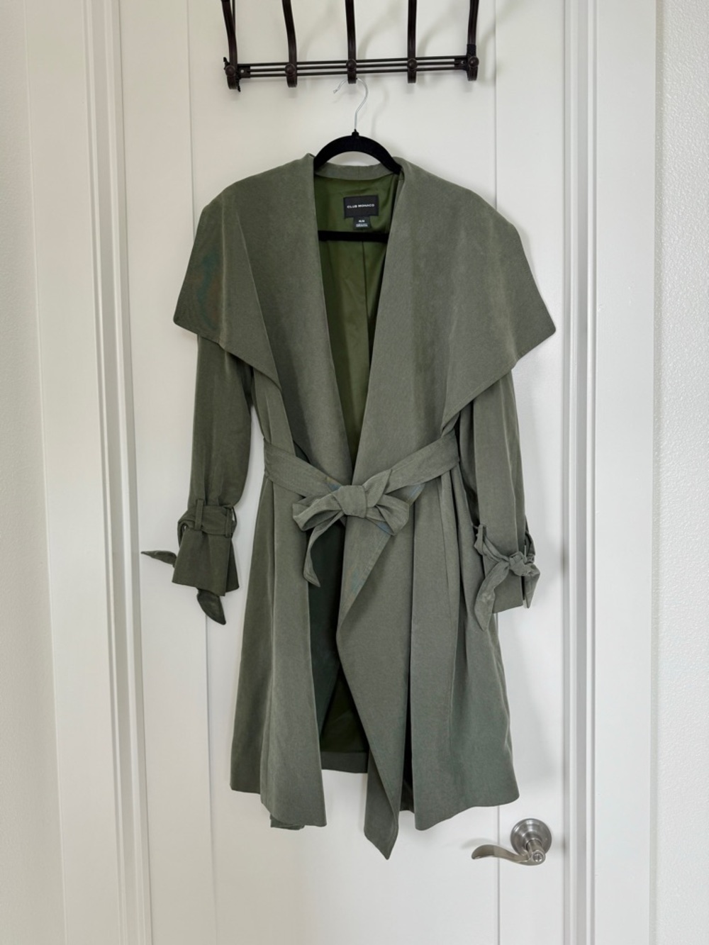 Club Monaco Olive Waterfall Trench Coat with Tie Sleeves - Picture 2 of 8